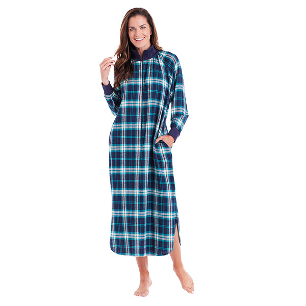 Women's Flannel Lounger Long Plaid Nightgown - Navy