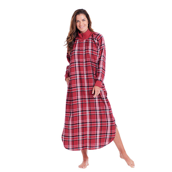 Women's Flannel Lounger Long Plaid Nightgown - Red