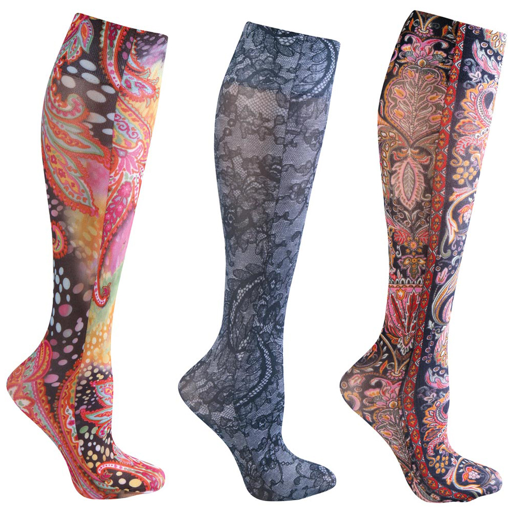 Mild Compression Wide Calf Printed Knee High Stockings Paisley Set of 3 ...